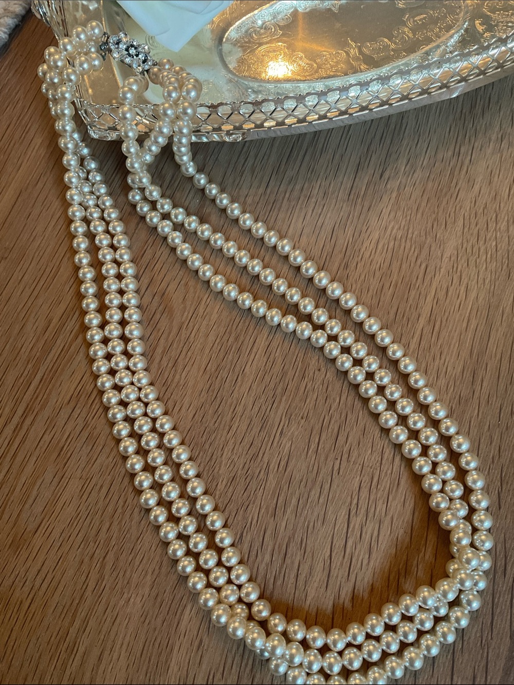 Vintage Three Strand Glass Pearl Necklace Heavy Rhinestone Box Clasp 1950’s